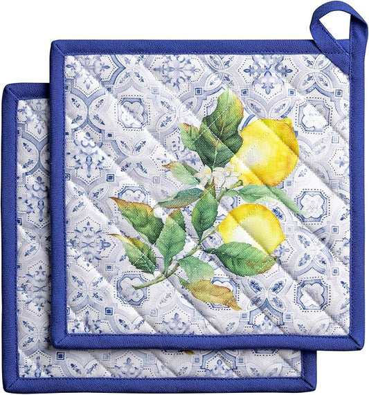 Maison d' Hermine Pot Holders 100% Cotton Heat Resistant Potholders 8" x 8" Hot Pads with Loop BBQ Cooking Baking Hotel Farmhouse Kitchen Handling Hot Pans Spring Summer (Pack of 2, Citrus)