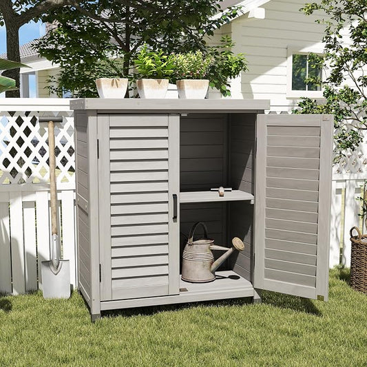 KEIKI Outdoor Potting Bench with Storage Cabinet & Metal Table Top, Weatherproof Garden Workstation, Hemlock Wood