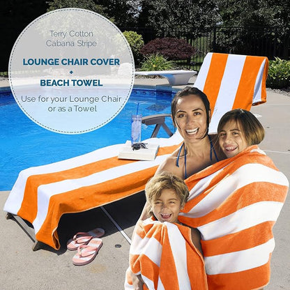 Superior Cabana Cotton Lounge Chair Cover, Outdoor Towel/Chaise Furniture Covers, Terry Cloth, Beach, Spa, Swim Accessories, Pool Chair Cover, Soft, Quick Drying, 32" x 102", Set of 6, Orange
