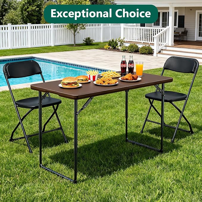 2 Pack Folding Table, 4FT Foldable Picnic Table with Adjustable Height, Heavy Duty Fold-in-Half Portable Table for Weddings, Camping, RV Travel, Parties, BBQs, Easy to Fold and Store, Brown