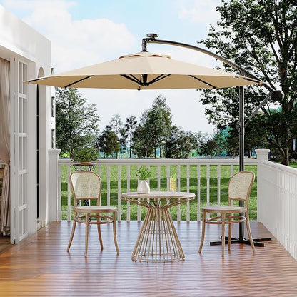 Garvee 10FT Solar Lights Offset Patio Umbrella with Cross Base, Tan | Cantilever Umbrella with Easy Lift & Tilt Adjustment, 8 Ribs Sun umbrella UV Protection for Backyard, Pool, Garden