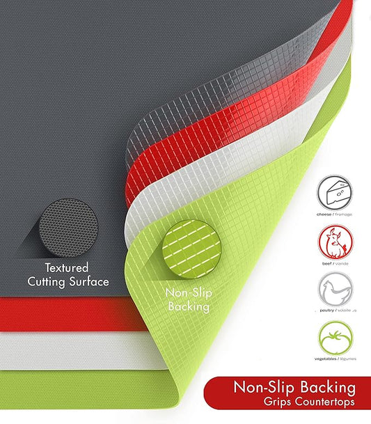 Dexas Heavy Duty Cutting Board Grippmat, Flexible Cutting Boards for Kitchen, Set of 4, Non Slip Plastic Board Cutting Mat 11.5 by 14 Inches Gray, Red, White and Green Set, Kitchen Gadgets