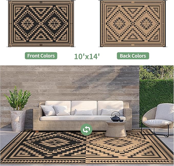 GENIMO Outdoor Rug, Waterproof Plastic Rugs for Patio, 10'x14' Dark Brown | Outside Larger Modern Carpet Mat for Patio Decor, RV, Porch, Camper, Deck, Picnic, Beach, Backyard, Reversible, Foldable