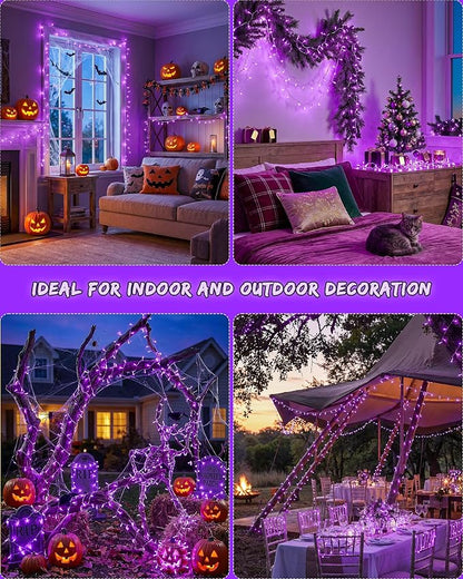 33FT 100 LED Purple Halloween Christmas Fairy Twinkle String Lights | Remote Control, 13 Modes with Memory, 4 Dimmable Brightness, 4 speed levels, Connectable, IP65 Waterproof, Transparent Wire