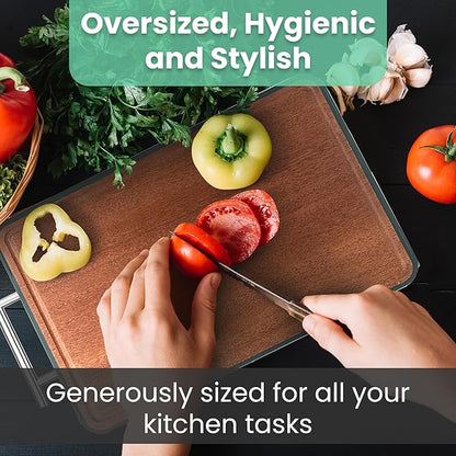Double-Sided Cutting Board – Generously Sized Stainless Steel & Ebony Wood, Non-Slip Chopping Board with Juice Groove – 2-in-1 Cutting board for Fish, Meat, Vegetables, BBQ, Charcuterie.