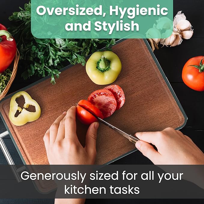 Double-Sided Cutting Board – Generously Sized Stainless Steel & Ebony Wood, Non-Slip Chopping Board with Juice Groove – 2-in-1 Cutting board for Fish, Meat, Vegetables, BBQ, Charcuterie.