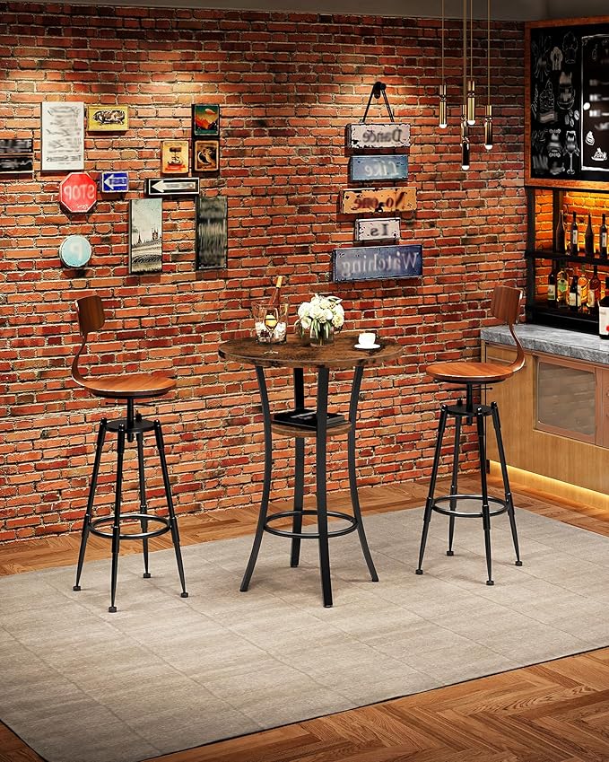 CHOEZON Round Bar Table, Set of 2 Small Kitchen Dining Tables, 2-Tier High Top & Counter Height Dining Table, for Bistro, Pub, Kitchen, Living Room, Rustic Brown and Black TBT03P2BF
