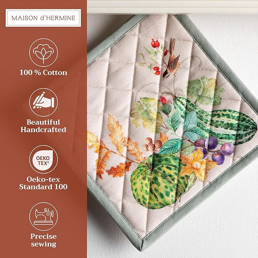 Maison d' Hermine Pot Holders Set 100% Cotton Heat Resistant Potholders 8" x 8" Hot Pads with Loop for Thanksgiving Christmas Decorations BBQ Cooking Baking Handling Hot Pans (Pack of 2, Lumina)
