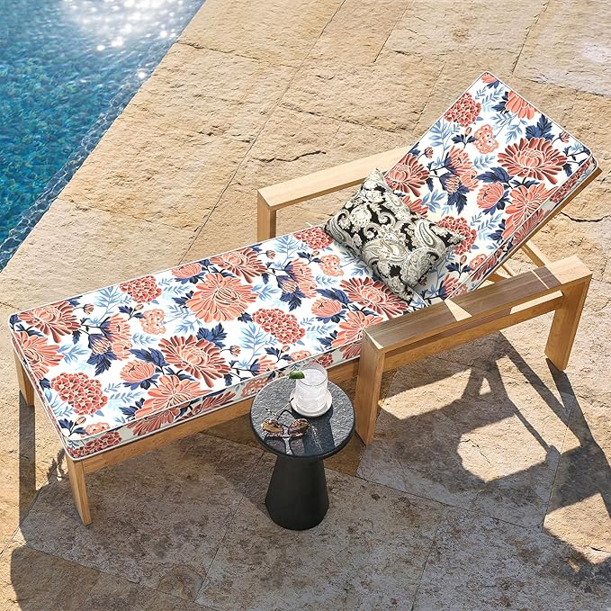 LVTXIII Outdoor Chaise Lounge Cushion 72x21x3 Inch, Water-Repellent Patio Seat Cushion with Ties & Hidden Zipper, Thick Foam Pad for Lawn Chair, Poolside, Patio Furniture, Vibrant Blossom