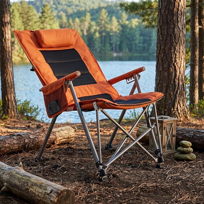 Adjustable Folding Beach Chair, Portable Camping Chair for Adults with Footrest, Reclining Outdoor Chair with Cup Holder & Pocket, Foldable Low Beach Chair for Camping, Picnic, Travel, Orange