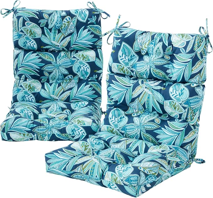 Outdoor Tufted High-Back Chair Cushions, One-Piece Hinged Seat and Back Design, Reversible with 4 Ties, Durable Polyester Fabric, Recycled Fiber Fill - Set of 2, Botanical Crestwood
