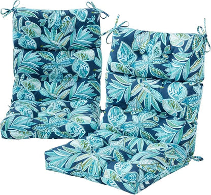 Outdoor Tufted High-Back Chair Cushions, One-Piece Hinged Seat and Back Design, Reversible with 4 Ties, Durable Polyester Fabric, Recycled Fiber Fill - Set of 2, Botanical Crestwood