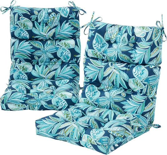 Outdoor Tufted High-Back Chair Cushions, One-Piece Hinged Seat and Back Design, Reversible with 4 Ties, Durable Polyester Fabric, Recycled Fiber Fill - Set of 2, Botanical Crestwood