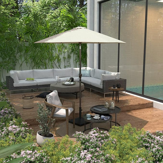 Sunline 7.5 ft Patio Umbrella with Crank & Push Button Tilt, Outdoor Market Umbrella with UV Protection & Wind Vent and Fiberglass Ribs, Metal Frame for Deck, Pool & Table, Antique Beige