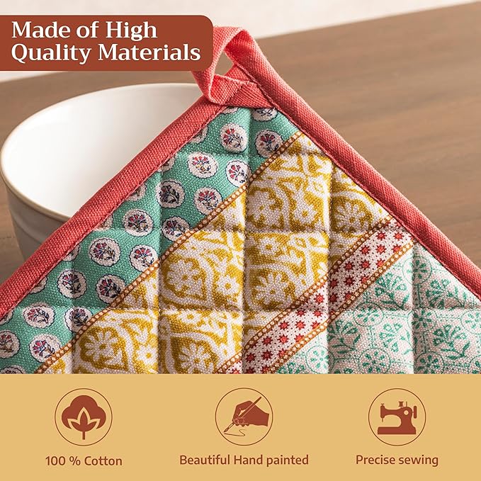 Maison d' Hermine Pot Holders 100% Cotton Heat Resistant Potholders 8" x 8" Hot Pads with Loop BBQ Cooking Baking Hotel Farmhouse Kitchen Handling Hot Pans Spring Summer (Pack of 2, Provence)