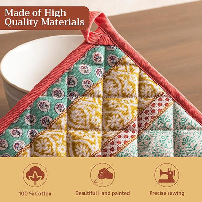 Maison d' Hermine Pot Holders 100% Cotton Heat Resistant Potholders 8" x 8" Hot Pads with Loop BBQ Cooking Baking Hotel Farmhouse Kitchen Handling Hot Pans Spring Summer (Pack of 2, Provence)