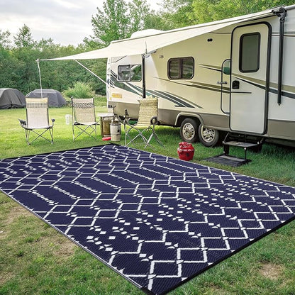 Smiry Outdoor Rug 8x10 ft Waterproof Reversible Boho Mat, Navy | Polypropylene Plastic Straw, Quick Drying, Lightweight Foldable, for Patio, Deck, RV Camping, Backyard and Indoor Outdoor Use