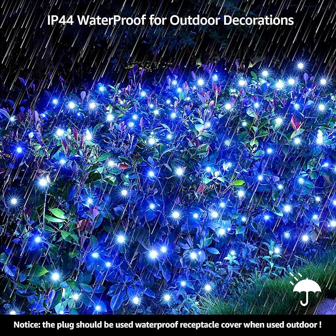Led Christmas Net Lights Outdoor Christmas Bushes Lights 120Led 6ftx5ft, Connectable Outdoor Indoor Mesh Net Lighting for Xmas Holiday, Garden, Lawn, Shrubs, Trees, Bushes Decorations(White and Blue)