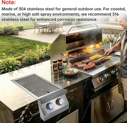 Double Side Burners for Outdoor Grill, Heavy-Duty 304 Stainless Steel | 2x17,000BTU Liquid Propane Side Burner with Cast Brass Burner, Built-in Side Burners with LED for Outdoor Kitchen BBQ Island