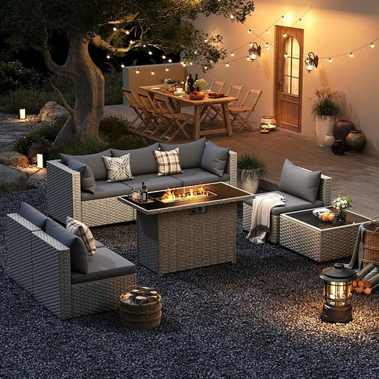UDPATIO Patio Furniture Set with Fire Pit Table, 8 Pcs Outdoor Sectional Sofa, PE Wicker Patio Conversation Set for Garden, Backyard (Grey Cushions with Light Grey Rattan)