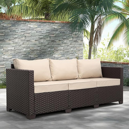 Valita Patio Furniture 3-seat Sofa Brown Wicker Outdoor Furniture Outdoor Couch Deep Seat High Backrest Waterproof Cover Anti-Slip Washable Cushions, Khaki