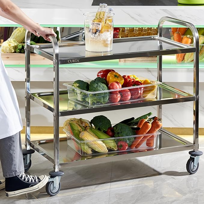 Stainless Steel Serving Trolley, 38" L x 20" W x 37" H 3 Tiered Shelf Kitchen Utility Cart, Rolling Casters Brake Wheel, Commercial Pro for Restaurant/Hotel/Lab/Clinic/Salon/Workshop