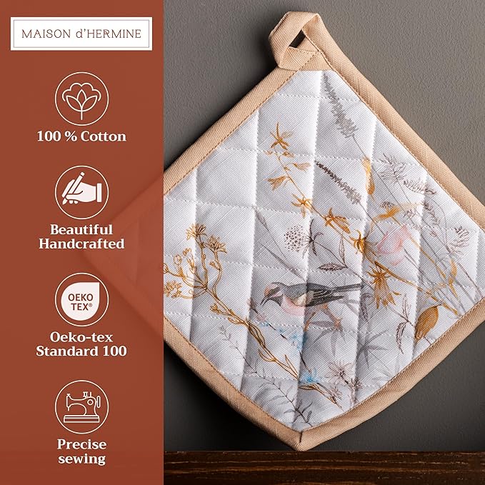 Maison d' Hermine Pot Holders 100% Cotton Heat Resistant Potholders 8" x 8" Hot Pads with Loop BBQ Baking Hotel Farmhouse Kitchen Handling Hot Pans Spring Summer (Pack of 1, Meadow Florals - Beige)