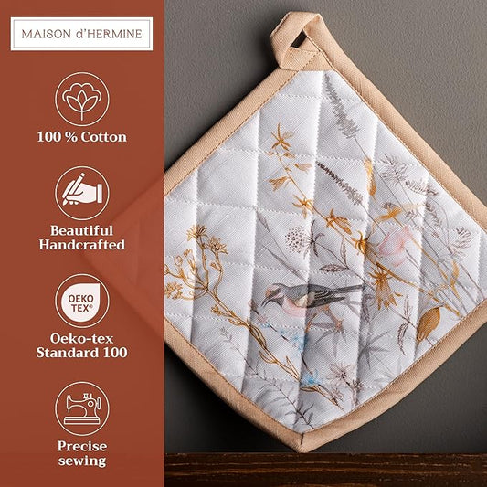 Maison d' Hermine Pot Holders 100% Cotton Heat Resistant Potholders 8" x 8" Hot Pads with Loop BBQ Baking Hotel Farmhouse Kitchen Handling Hot Pans Spring Summer (Pack of 1, Meadow Florals - Beige)