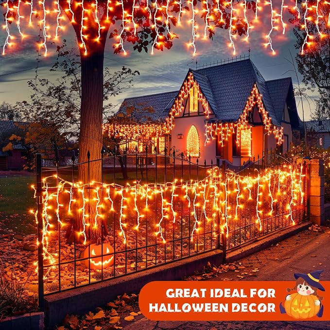 JMEXSUSS Orange Halloween Icicle Lights Outdoor, 800 LED Plug in | Waterproof, 8 Modes, Remote Control String Lights for Fireplace Eave Garden Patio Thanksgiving Fall Halloween Decor