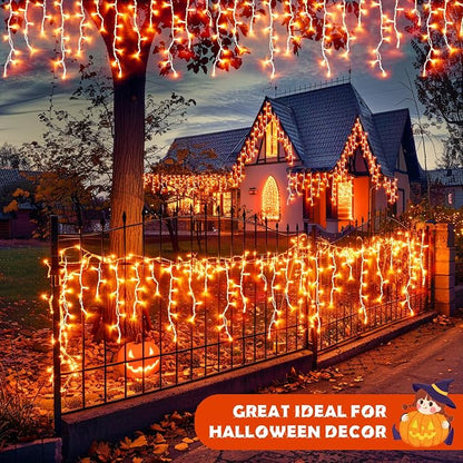 JMEXSUSS Orange Halloween Icicle Lights Outdoor, 800 LED Plug in | Waterproof, 8 Modes, Remote Control String Lights for Fireplace Eave Garden Patio Thanksgiving Fall Halloween Decor