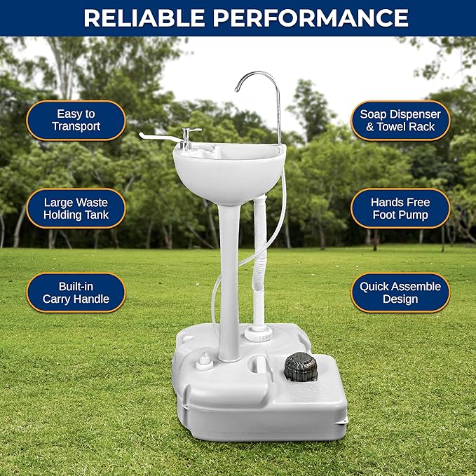 SereneLife Portable Hand Washing Station, 100+ Hand Washes, Hands-Free Foot Pump, Soap Dispenser, and Drain Hose, Ideal for Outdoor Events, Camping, Boating and Worksites