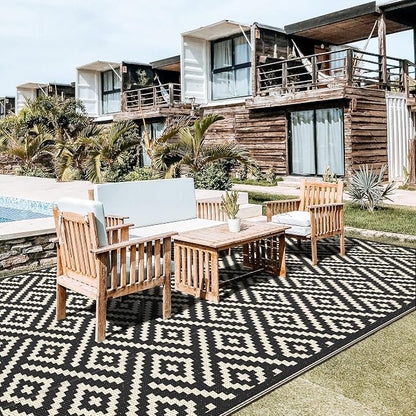 GENIMO Outdoor Rug, Waterproof Plastic Rugs 9'x18' for Camping Black Beige | Outside Larger Modern Carpet Mat for Patio Decor, RV, Porch, Camper, Deck, Picnic, Beach, Backyard, Reversible, Foldable