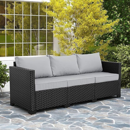 Rattaner Outdoor Furniture Outdoor Couch Patio Furniture 3-seat Sofa Deep Seat High Backrest with Waterproof Cover and Anti-Slip Cushions, Light Grey