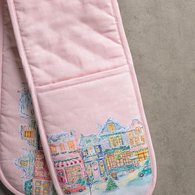 Maison d' Hermine Double Oven Mitts 100% Cotton Double Oven Glove (7"x35") | Heat Resistant BBQ Cooking Gloves with Loop Baking Kitchen Home Farmhouse Thanksgiving Christmas - Christmas Market - Pink