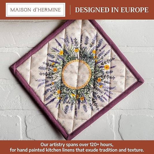 Maison d' Hermine Pot Holders 100% Cotton Heat Resistant Potholders 8" x 8" Hot Pads with Loop BBQ Cooking Baking Hotel Farmhouse Kitchen Handling Hot Pans Spring Summer (Pack of 1, Fanny Lavender)