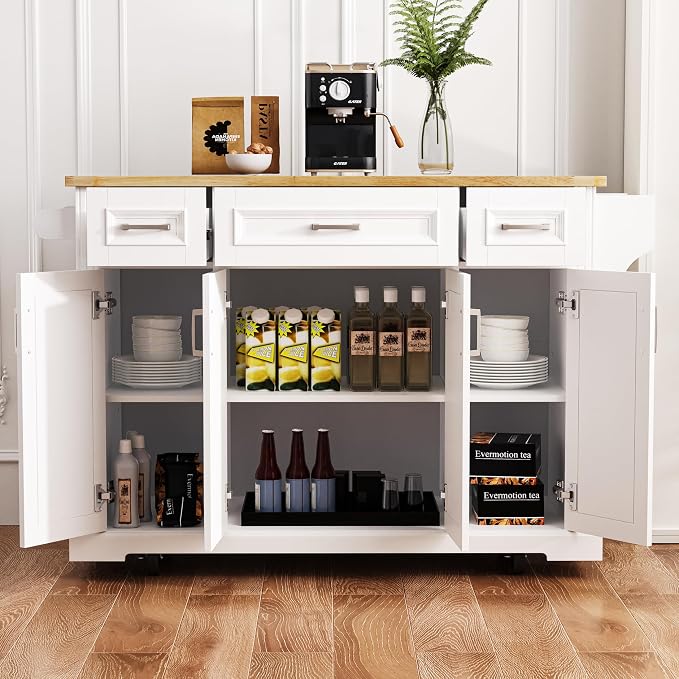 Ball & Cast Modern Large Kitchen Island with Rubber Wood Drop Leaf, Embossed Texture Rolling Cart on 4 Wheels W/4 Doors & 3 Drawers, Mobile Storage Kitchen Islands W/Storage for Dining Room,White,54"