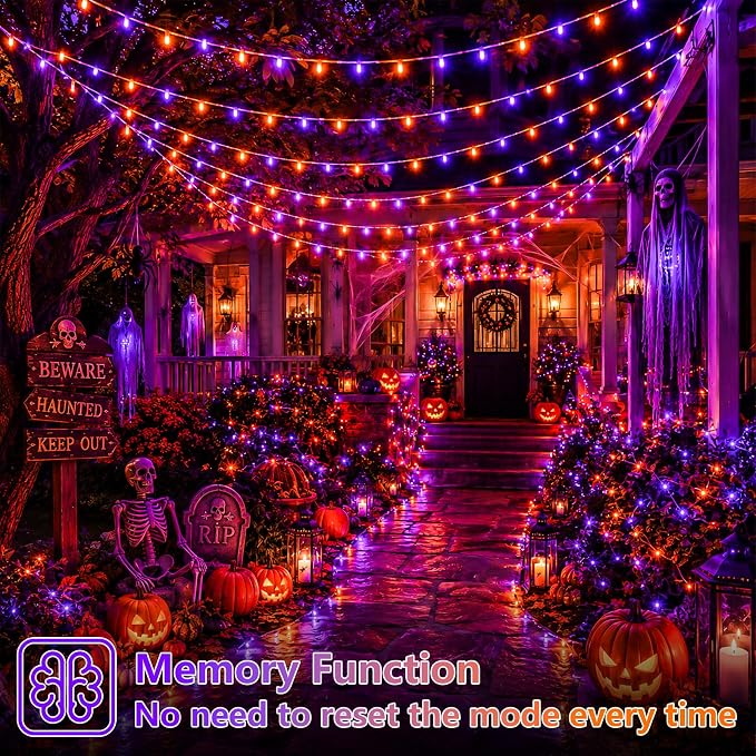 YEGUO 165ft 500 LED Halloween Lights Outdoor Waterproof, Clear Wire Christmas String Lights Indoor, 8 Modes Twinkle Tree Lights Plug in with Timer Memory.(Orange and Purple)