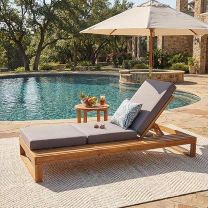 Merax Teak Finish Acacia Wood Chaise Lounge with 4-Inch Dark Grey 3-Fold Water-Resistant Cushion Set, 4-Position Adjustable Outdoor Patio Lounger with Flat Side Surface, for Poolside