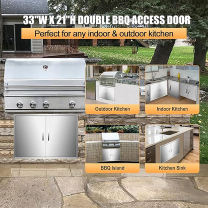 Outdoor Kitchen Doors 33W x 21H Inch, Double BBQ Access Doors 304 Stainless Steel for Outdoor Kitchen Cabinet Grill Station or BBQ Island