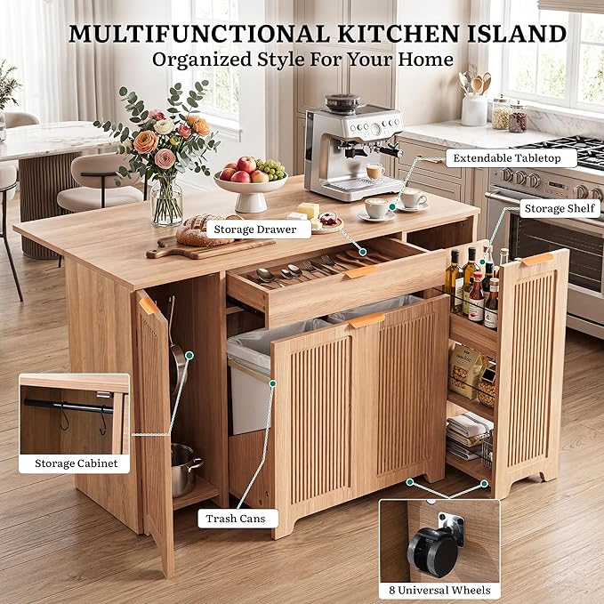 YITAHOME Expandable Kitchen Island with Hidden Trash Cabinet, 55.1" Rolling Kitchen Island with Drop Leaf, Storage Drawer & 3-Tier Side Shelves, Mobile Kitchen Island on Wheels with Towel Bar & Hooks