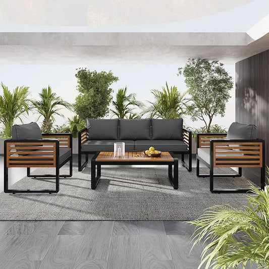 4-Pieces Outdoor Patio Sectional Sofa Set with Coffee Table, All-Weather 5 Person Conversation Set with Thick Cushions and Pillows for Garden Backyard Balcony, Acacia Wood Tabletop (Gray-N74)