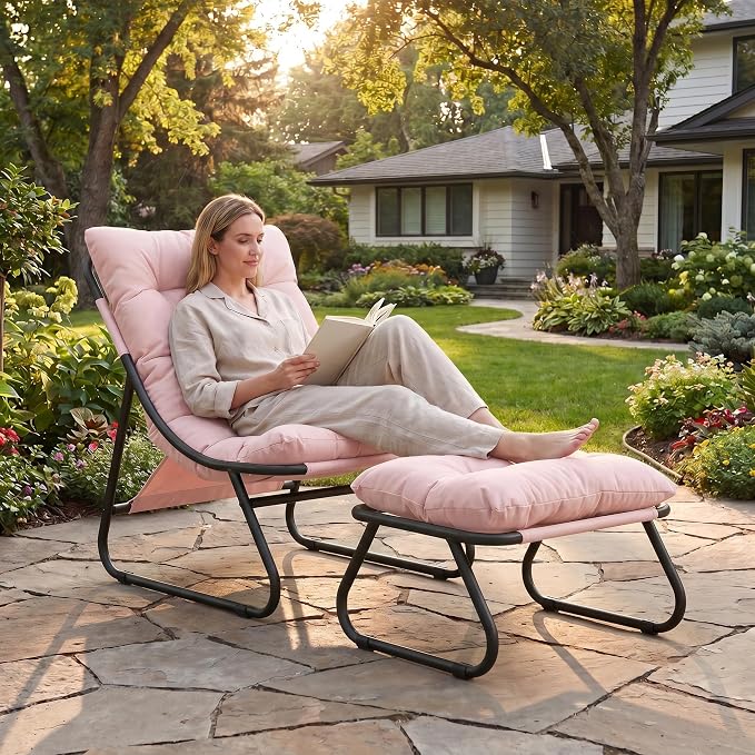 Rocking Chair with Ottoman, Modern Metal Frame Outdoor Rocker, Comfy Patio Lounge Chair with Footrest, Reading Glider Chairs for Living Room, Bedroom, Balcony, Garden, Relax, Pink