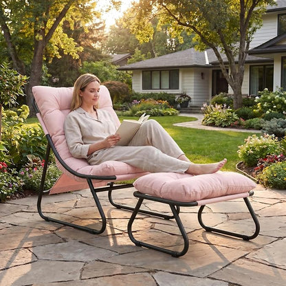 Rocking Chair with Ottoman, Modern Metal Frame Outdoor Rocker, Comfy Patio Lounge Chair with Footrest, Reading Glider Chairs for Living Room, Bedroom, Balcony, Garden, Relax, Pink