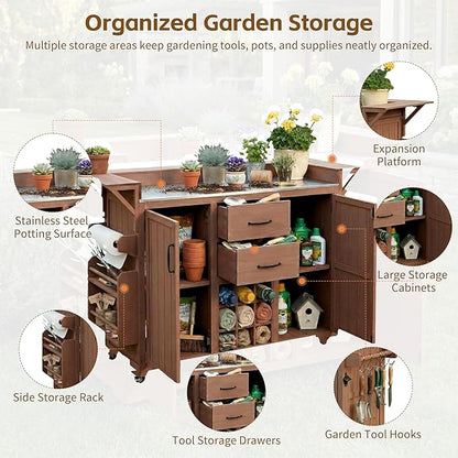 60.2-inch Mobile Outdoor Kitchen Island, Wooden BBQ Table with Stainless Steel countertop, Mobile BBQ Trolley with Storage Cabinet, 2 Storage compartments, Wine Rack and Spice Rack