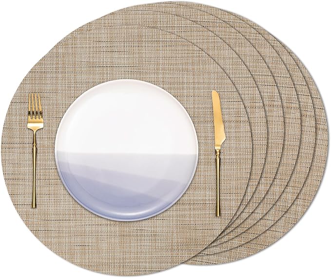 Round Placemats Set of 6 Heat Resistant Vinyl Placemats 15 inch Washable Non-Slip Table Mats Woven Place Mats for Dining Table (Beige, Set of 6)