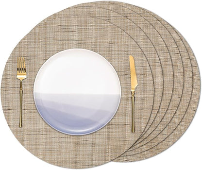 Round Placemats Set of 6 Heat Resistant Vinyl Placemats 15 inch Washable Non-Slip Table Mats Woven Place Mats for Dining Table (Beige, Set of 6)