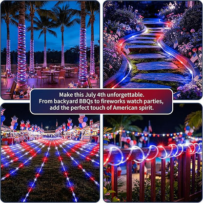 Red White and Blue Solar Rope Lights Waterproof, Solar String Lights for 4th of July Decorations, 33ft 100LED Patriotic Lights Outdoor Indoor for Independence Day Memorial Day