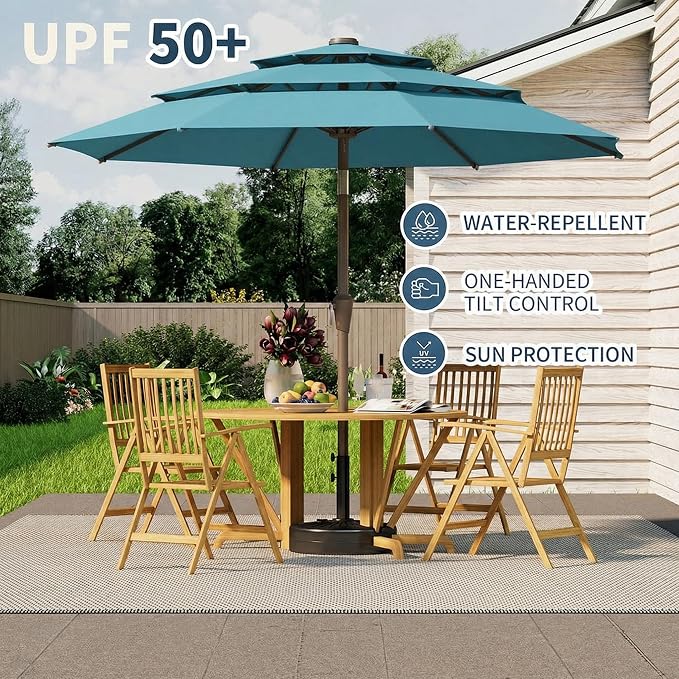 10FT Patio Umbrella 3 Tiers Outdoor Market Umbrella w/Push Button Tilt, Crank, UV and Waterproof Table Umbrella for Garden, Pool, Backyard, Deck, Lawn, Sky Blue