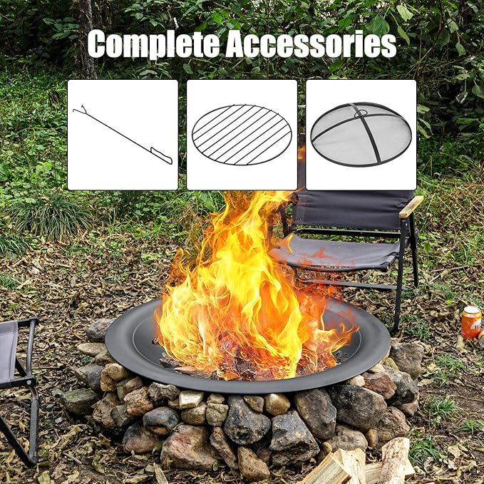 OutVue 35 inch Steel Fire Pit Bowl for DIY or Replacement Existing Fire Pits, Wood Burning Fire Pit Bowl with Spark Screen &Fire Poker, Fireplace for Backyard, Porch, Deck, Camping, BBQ(Smooth)