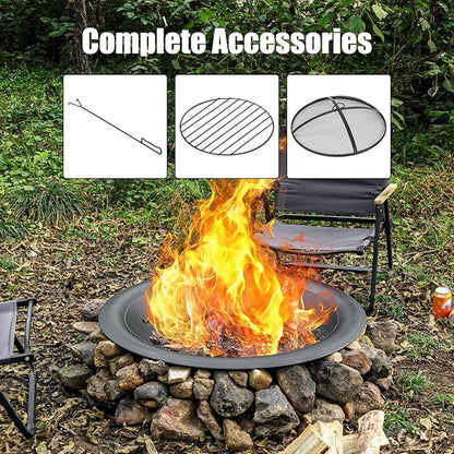 OutVue 35 inch Steel Fire Pit Bowl for DIY or Replacement Existing Fire Pits, Wood Burning Fire Pit Bowl with Spark Screen &Fire Poker, Fireplace for Backyard, Porch, Deck, Camping, BBQ(Smooth)